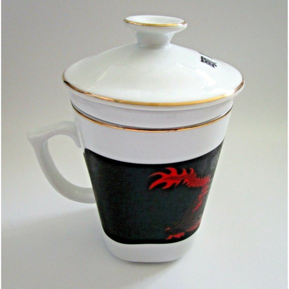 Vintage Korean Asian Red Dragon Design Black White Tea Cup With Lid And Infuser - Picture 2 of 10
